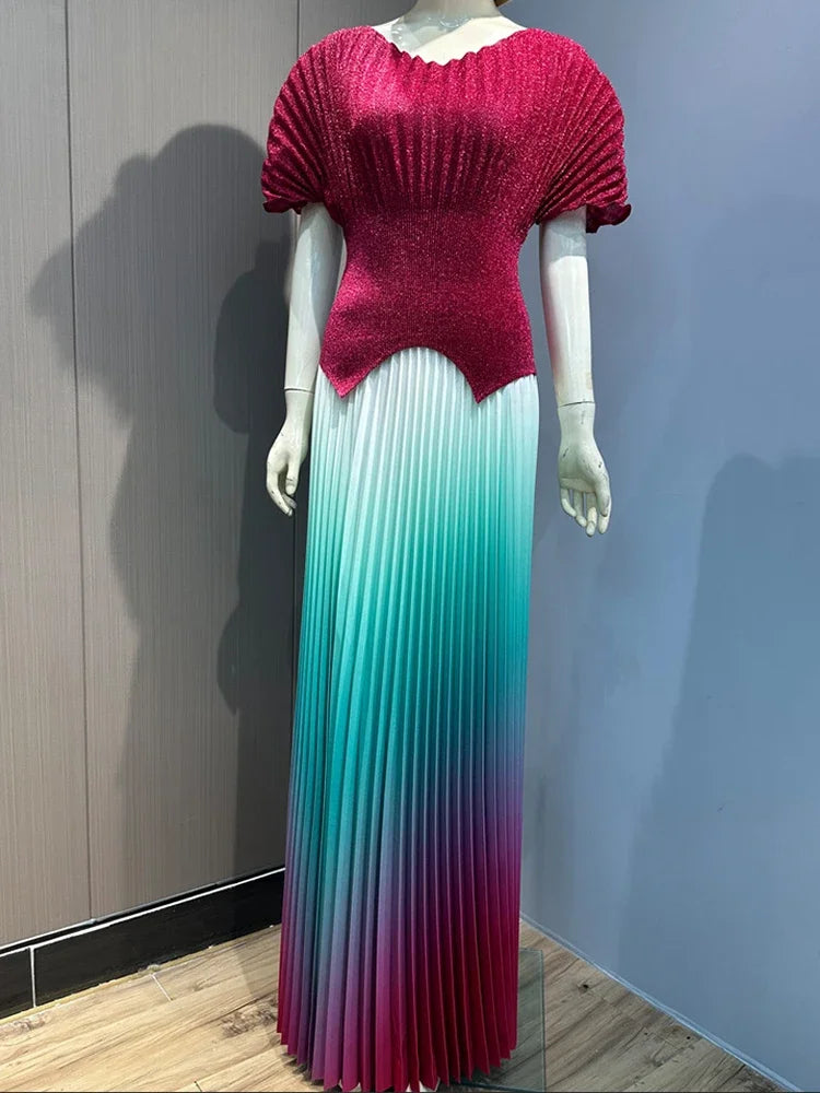 Fashion V Neck Short Batwing Sleeves Irregular Hem T-shirt & New Gradient A-line Folds Long Skirt