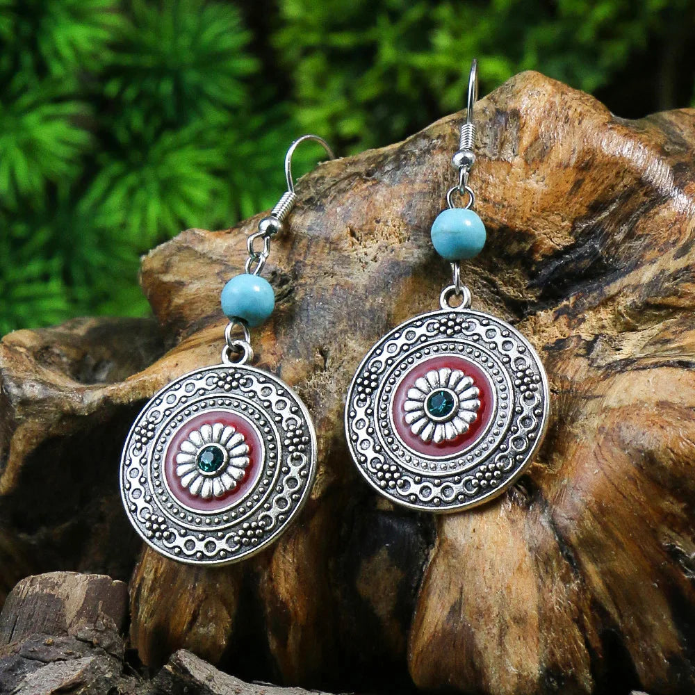 Bohemian Turquoise Vintage Geometric Drop Earrings – Alloy Oil Drop Round Stone Design