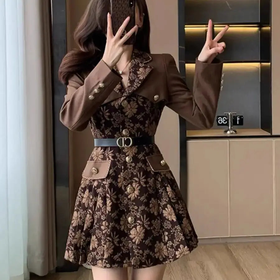Retro Flower Jacquard Mini Dress – Autumn Patchwork A‑Line Party Dress with Belt