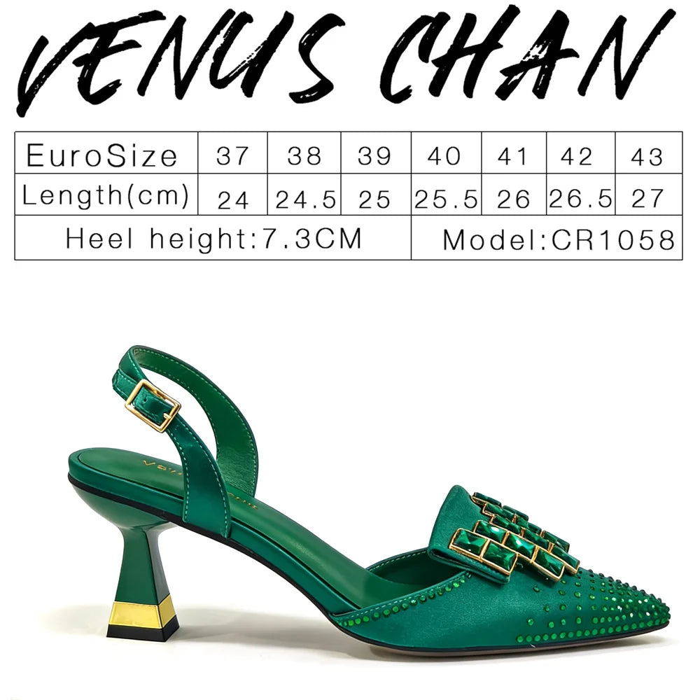 Venus Chan 2026 Elegant Green Slingback Heels with Rhinestones