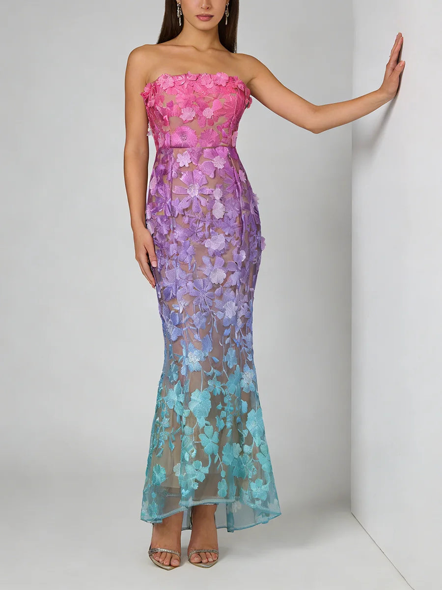 Gradient Spliced Embroidery Strapless Sleeveless Patchwork 3D Flower Long Dresses