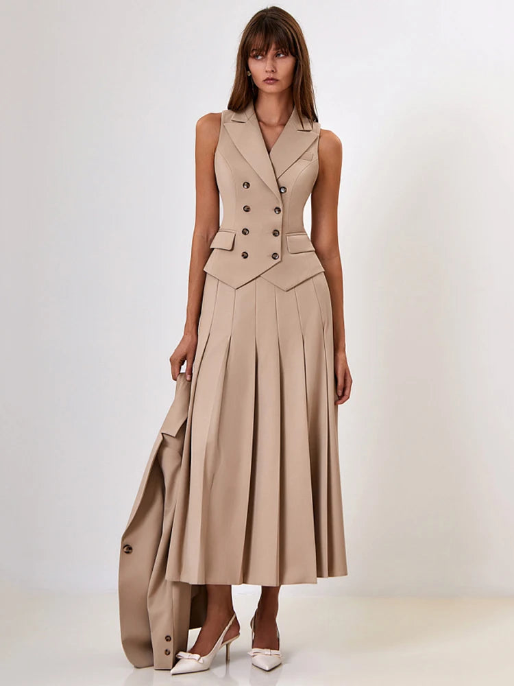 Notched Collar Pleated T Single Breasted Vest High Slit Skirt