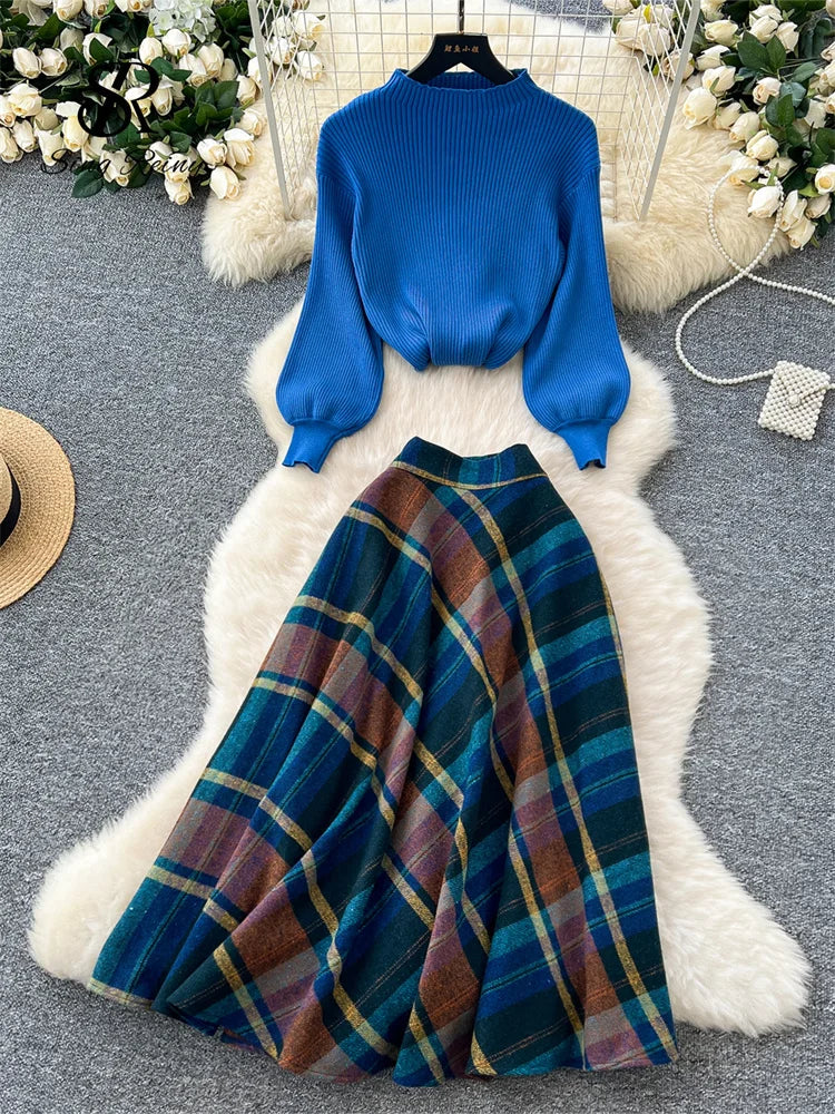 Fashion Spring Knitted Loose Pullovers+Plaid A Line Long Skirt