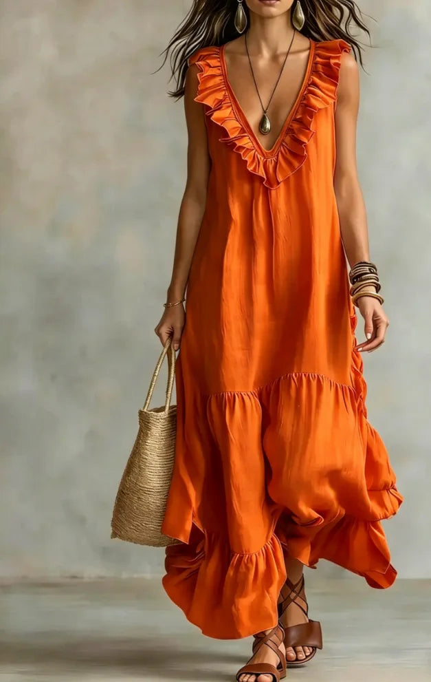 New Women's Casual Sleeveless V‑Neck Large Swing Dress