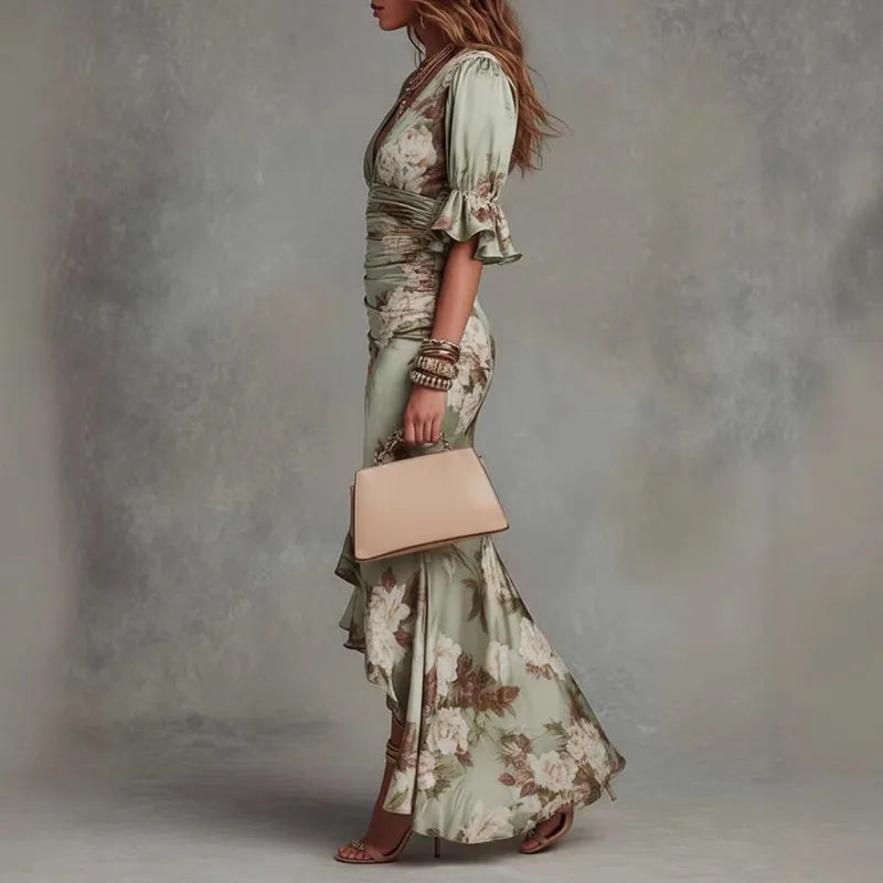 Women's Deep V-Neck Ruffle Floral Satin Maxi Dress