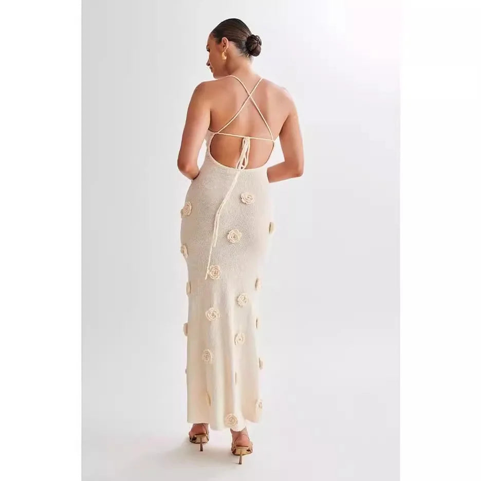 Women's Elegant Knitted Floral Camisole Long Dress Backless Slim Fit Retro Women's Fashion Dress Vacation Casual Chic Beach Look