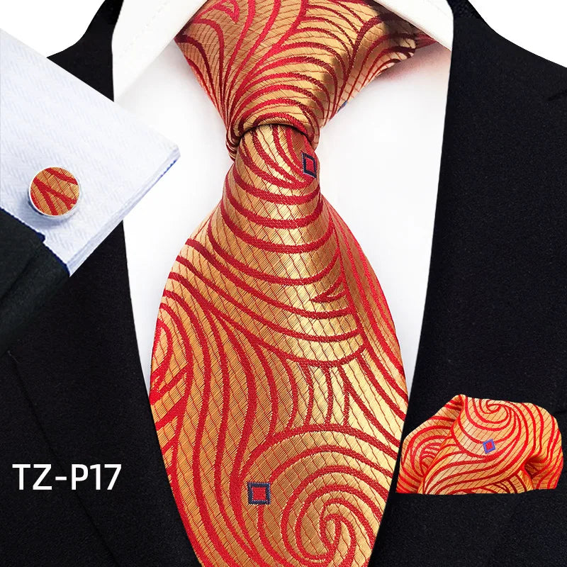 Orange Novelty Ties Plaid Flower Design Wedding Necktie Hanky Cufflinks