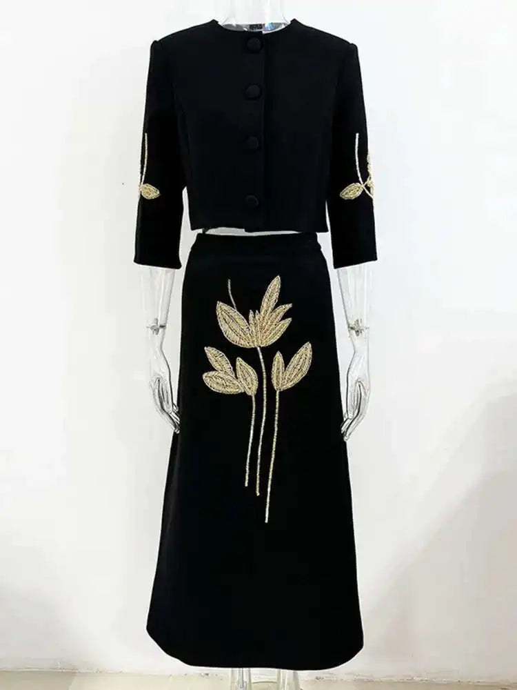 Single Button Flower Bead Short Coat A-line Skirt