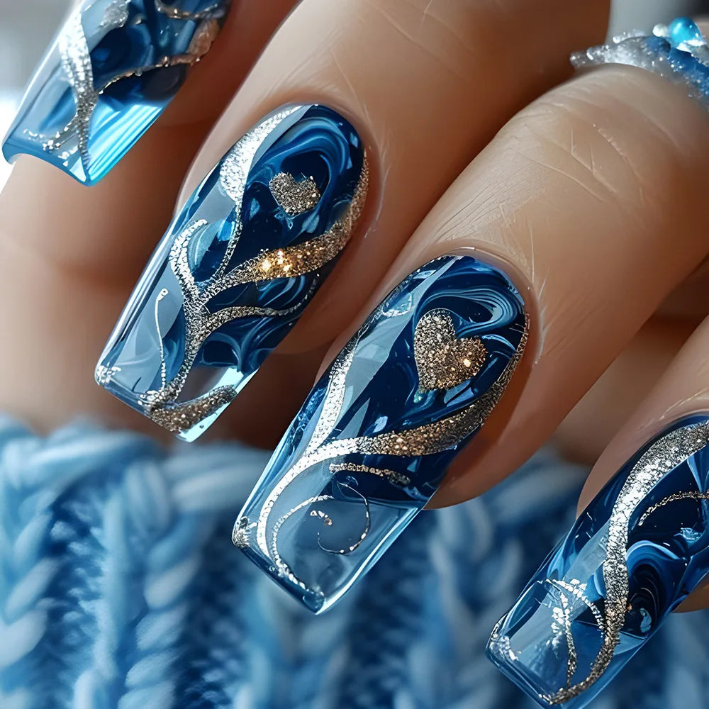 24pcs Mid-length  Flower Design Stick on Fake Nail