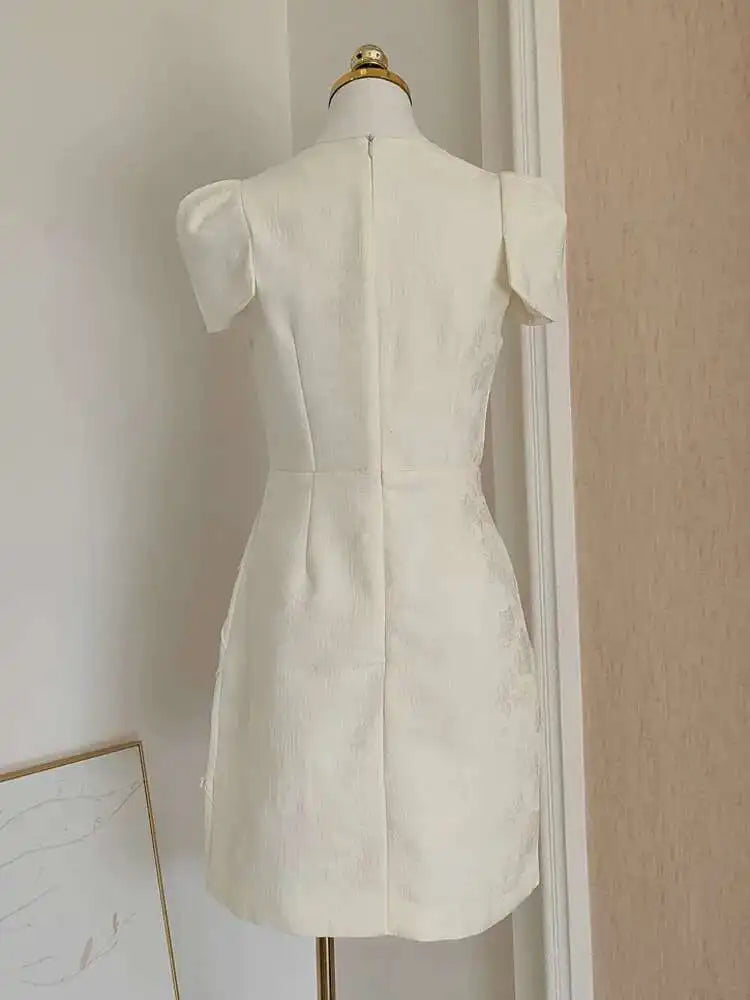 O Neck Short Sleeve Spliced Three-dimensional Jacquard Slim Elegant Dresses