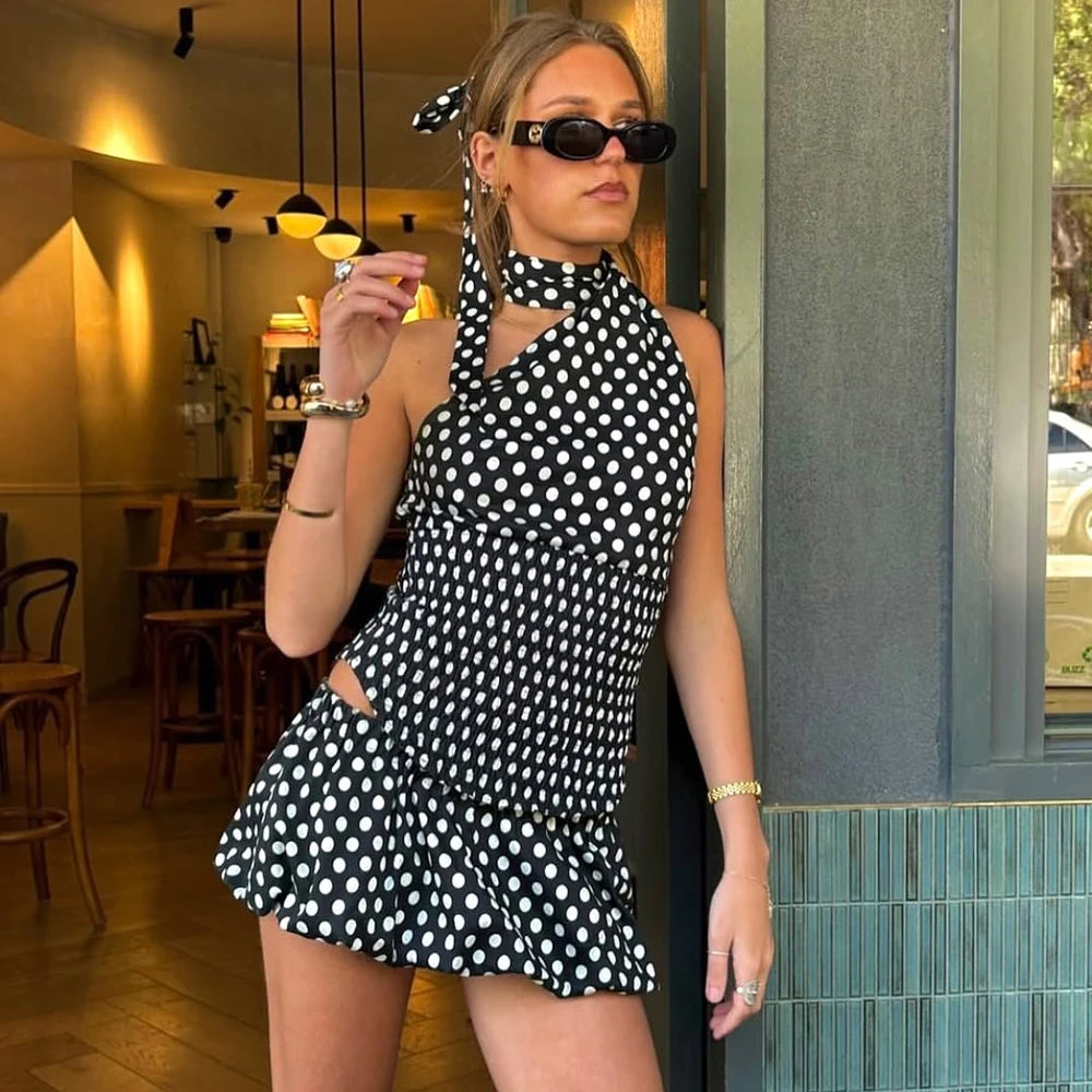 Bowknot Sexy Strapless Polka Dot Tie Top Ruffle Skirt Set