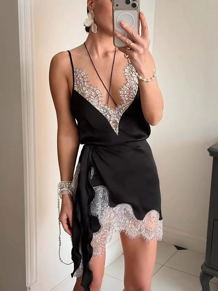 Elegant Sleeveless Spaghetti Strap Satin Lace Patchwork Mini Dress