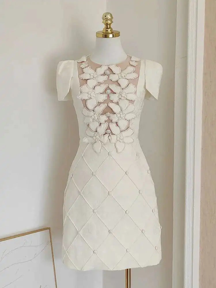 O Neck Short Sleeve Spliced Three-dimensional Jacquard Slim Elegant Dresses