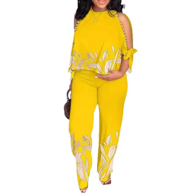 Plus Size Fashion Short Sleeve Crew Neck Beaded Positioning Printed Tops + Straight Pants