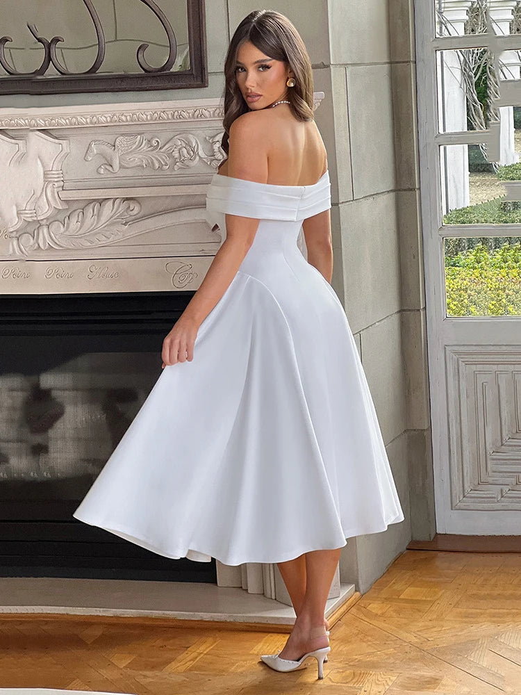 Off-shoulder Backless  Solid Strapless Sleeveless A-line Loose Pleated Long Dress