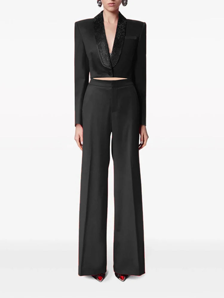 Lapel Long Sleeve Hollow Out Top High Waist Wide Leg Pant Casual Sets