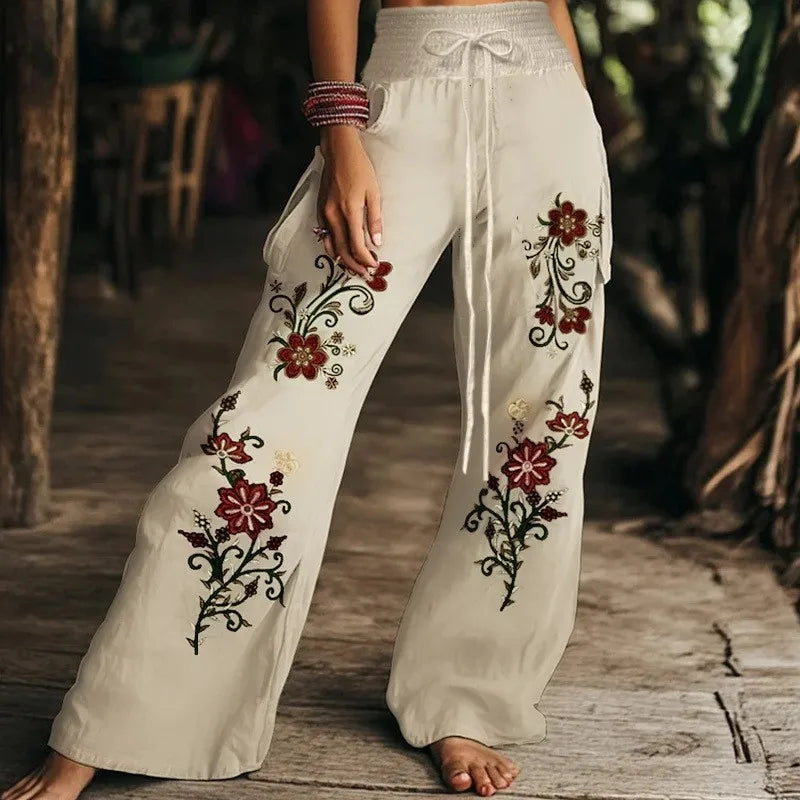 Boho High Waist Lace-Up Wide Leg Pants