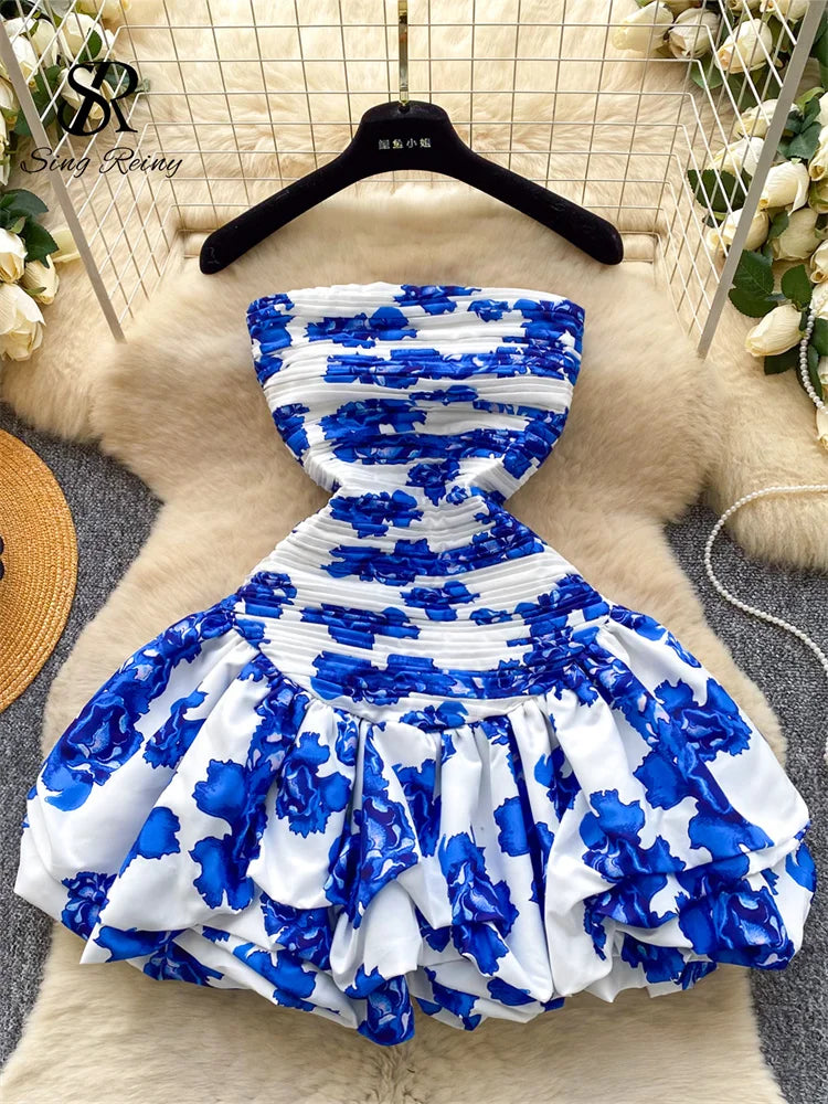 Floral Print Summer 2026 Backless Stretchy Slim Pleated Strapless Mini Dresses