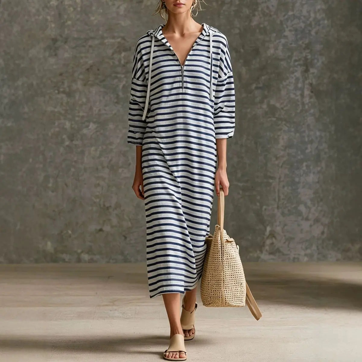Autumn Striped Hooded Maxi Dress