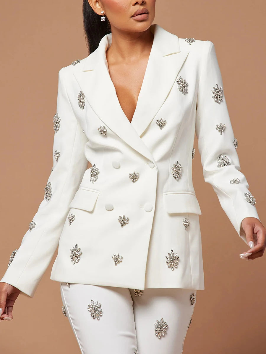 Patchwork Diamonds  Notched Collar Long Sleeve Blazer High Waist Flare Pant Chic Sets