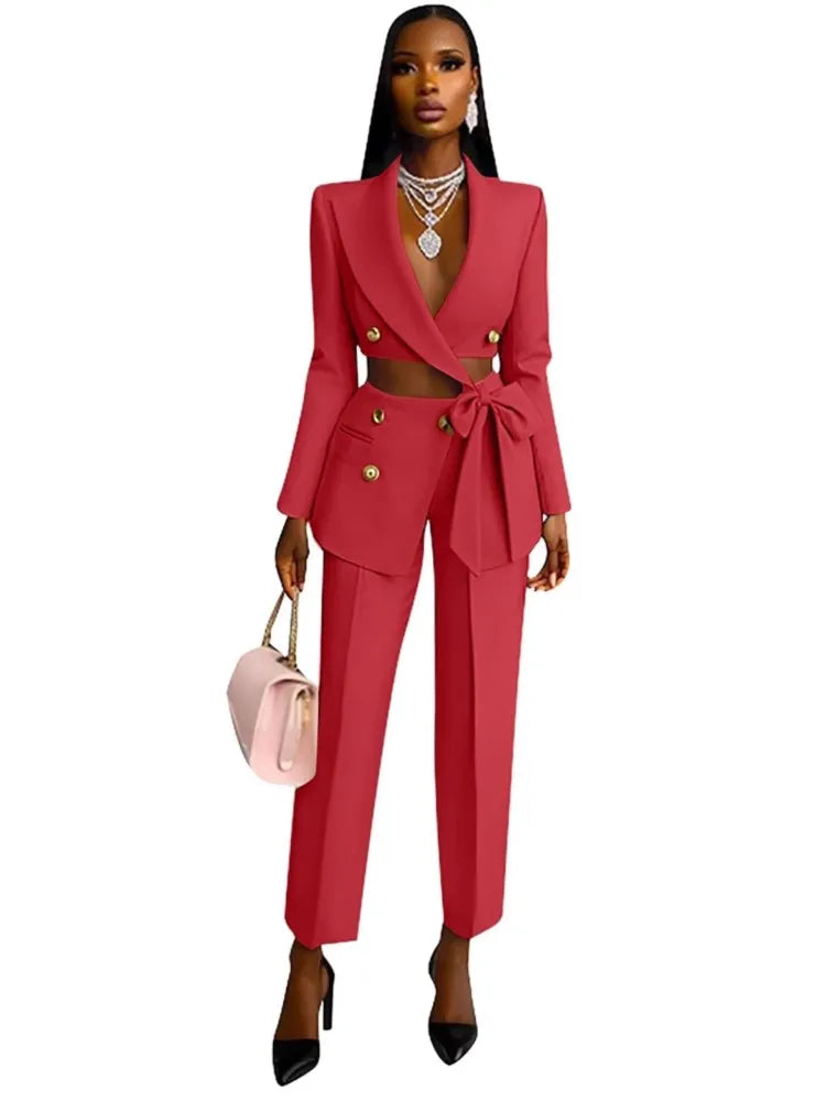 Sexy Waist Cut-Out Blazer &amp; Pants 2‑Piece Set