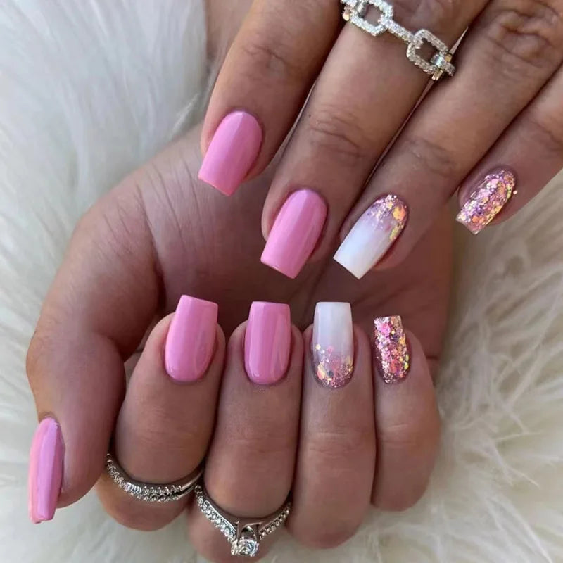 24Pcs Mid-length Square Press-On Nails with Golden Butterfly Design