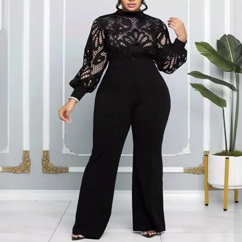 Plus Size Mesh Lace Casual Jumpsuit