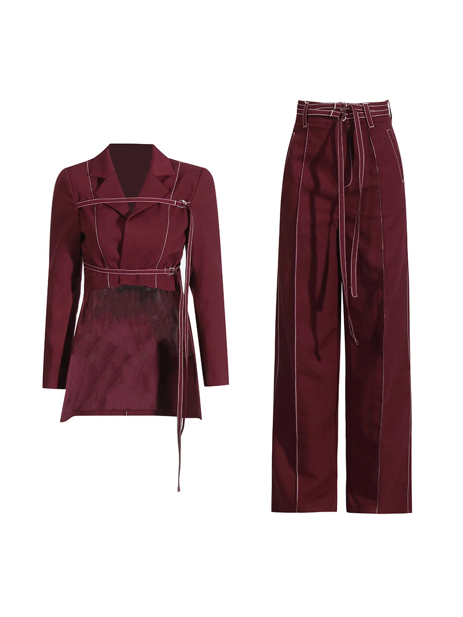 Notched Collar Long Sleeve Top High Waist Straight Pant  Sets