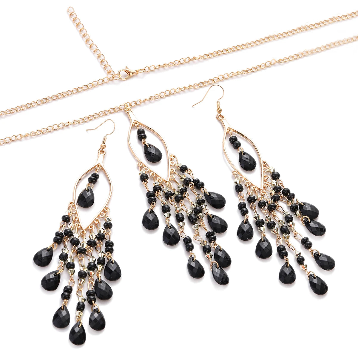 Bohemian Multicolor Crystal Long Tassel Dangle Earrings & Necklace Set – Retro Gold-Plated Geometric Wedding Jewelry