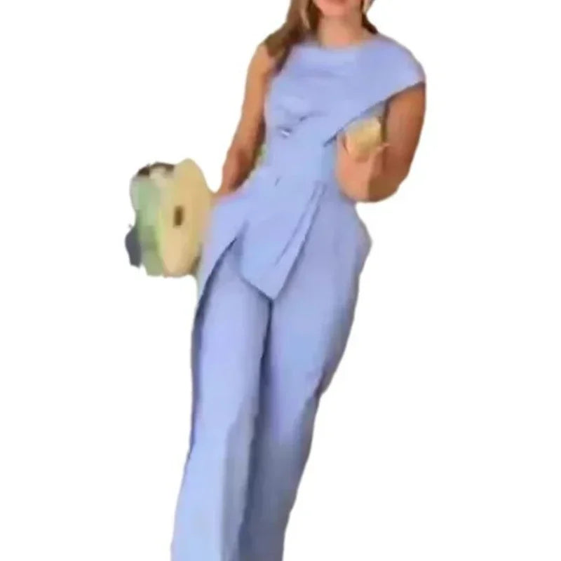 One Piece Blue Irregularity Elegant Work Pants Sleeveless  Wide Leg Jumpsuit