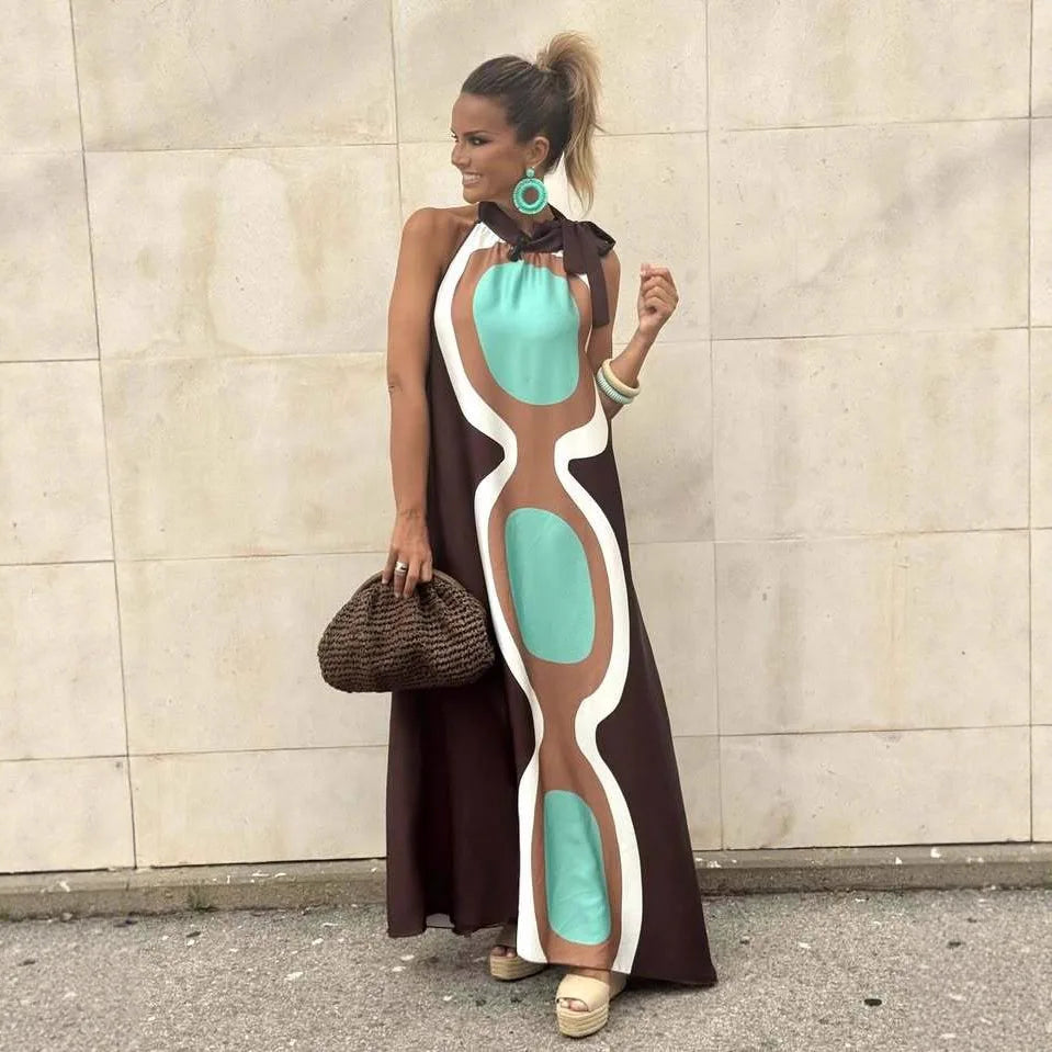Casual Print Halter Neck Lace‑Up Maxi Dress