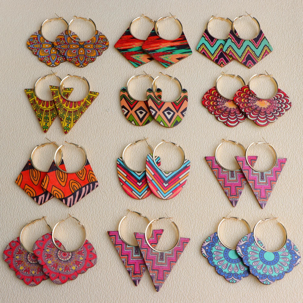10 Pairs Boho Ethnic Print Wooden Earrings – Colorful Geometric Statement Set