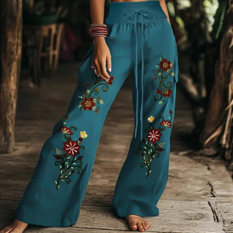 Boho High Waist Lace-Up Wide Leg Pants