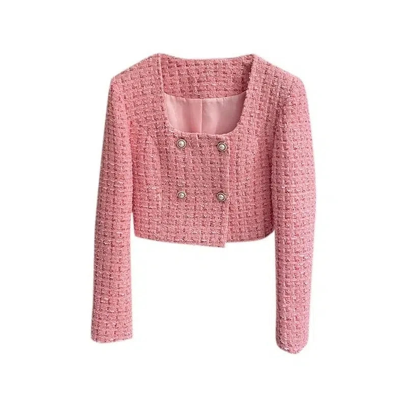 CJFHJE Autumn High Quality Ladies Jacket French Fashion Pink Square Neck Pearl Button Bright Silk Tweed Fragrant Coat Women's