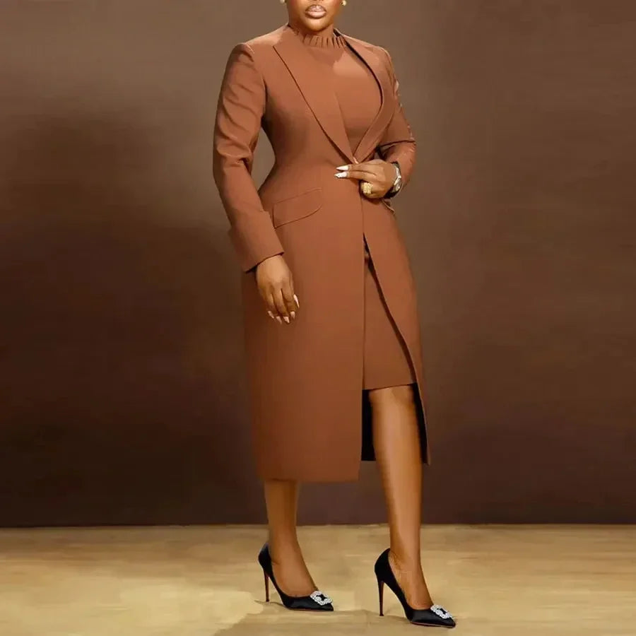 Women's Long Blazer Coat & Maxi Dress 2‑Piece Set