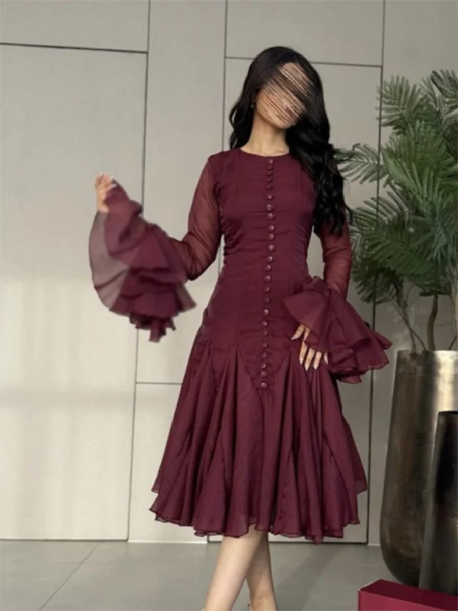 Irregular Pleated Patchwork Fashion Long Lantern Sleeve Waist Cinching Mini Dresses