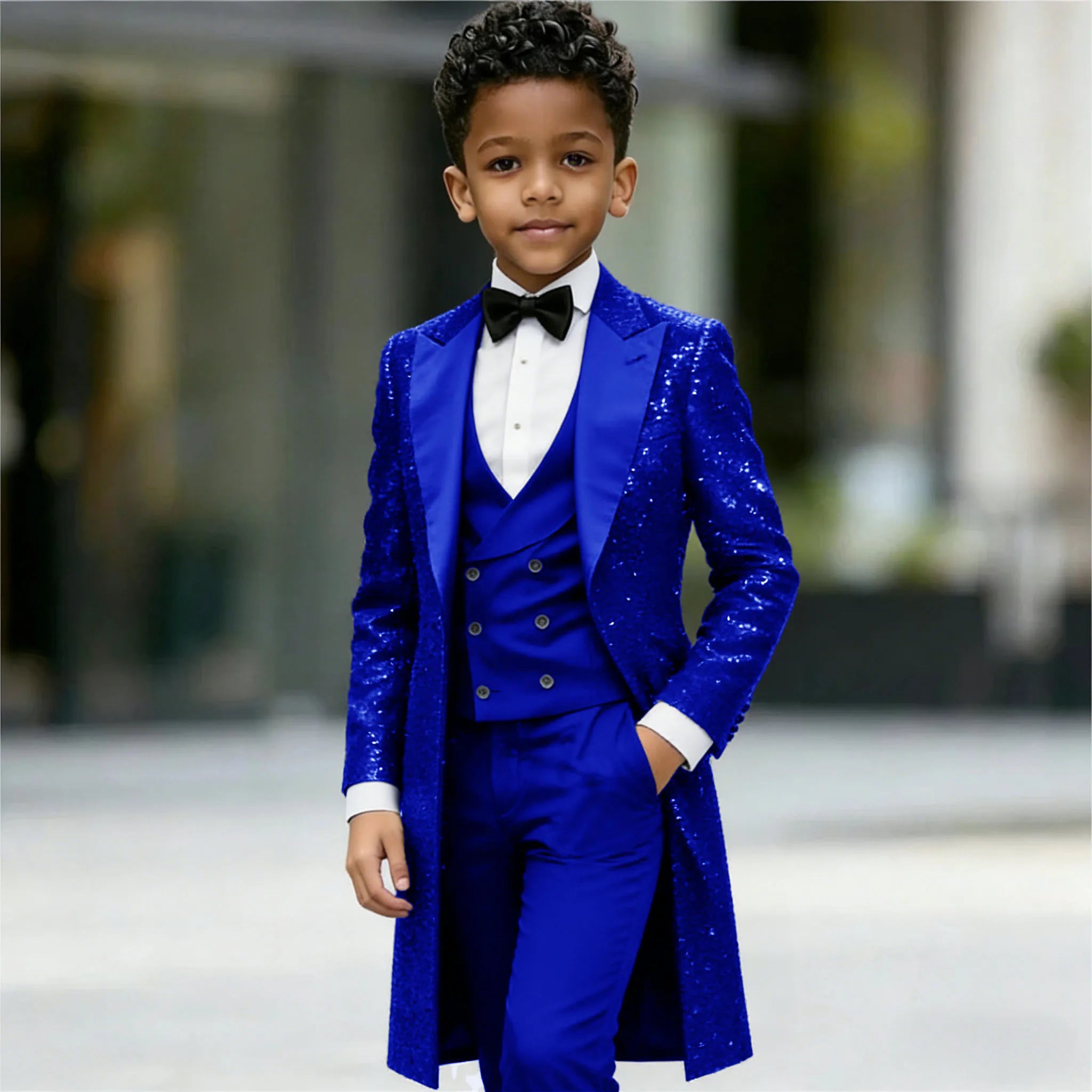 Navy Blue Sequin Boys 3‑Piece Wedding Tuxedo Set – Long Tailcoat, Vest & Pants