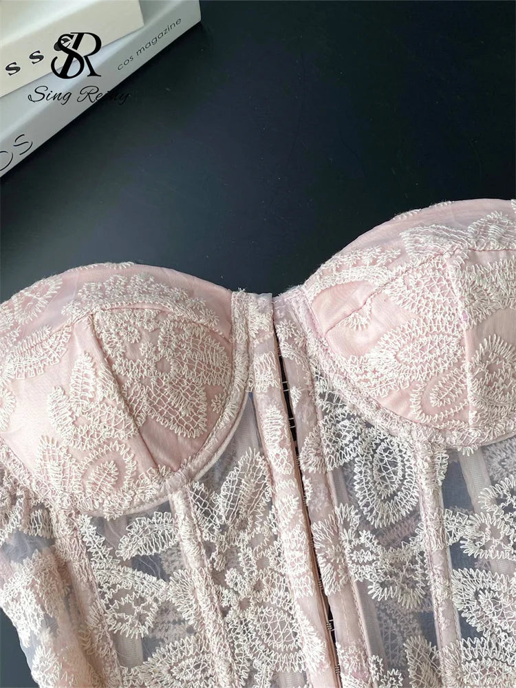 Floral Embroidery Sexy  Strapless Slim Corset Backless Tank Top