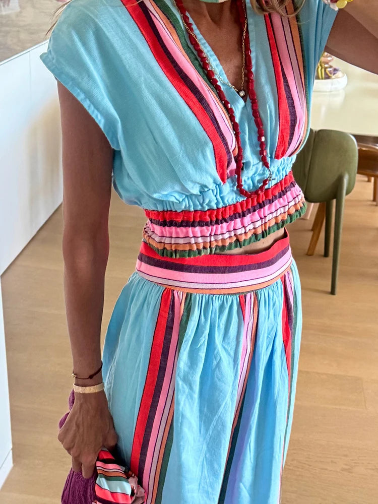 2PCS Women’s Holiday V-Neck Crop Top & Maxi Skirt Set