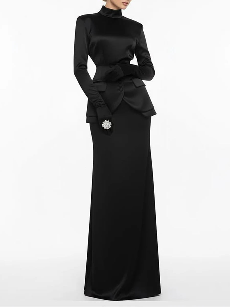 Solid Slimming  Stand Neck Long Sleeves Tunic Top High Waist Skirt Two Piece Sets