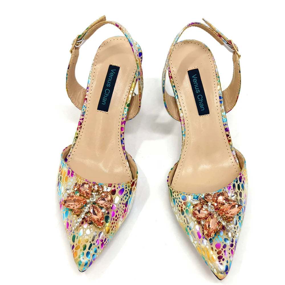 Champagne Color Thin Heels Pointed Toe Crystal Design Ladies Shoes Matching Bag Set