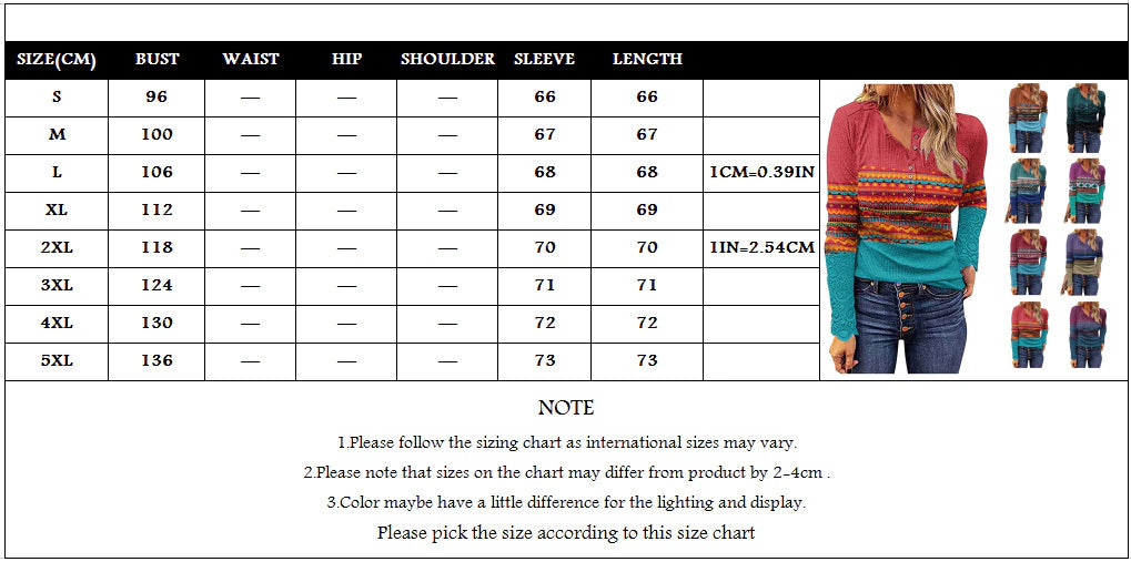 Autumn Winter Geometric Print Western Ethnic Style Casual Pullover V Neck Button Long Sleeve Shirt