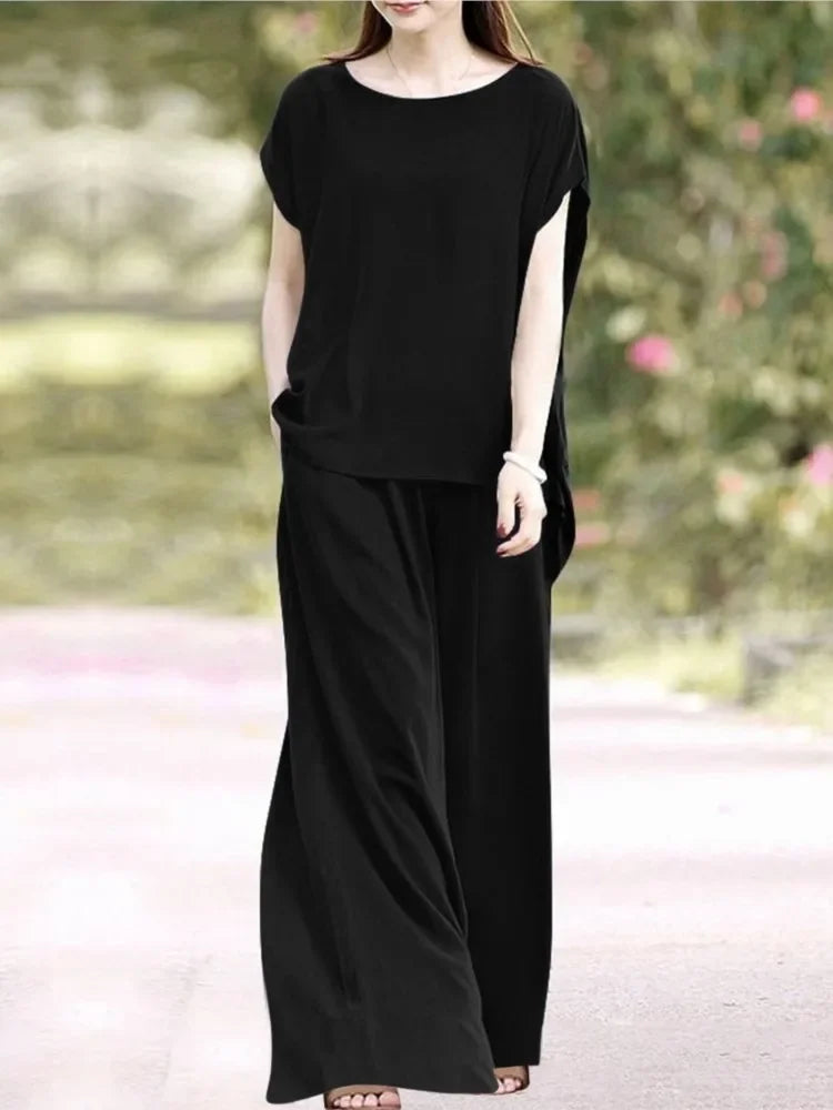 Retro Solid Color Loose Suit Short-sleeved Round Neck Casual Top Wide-leg Pants Sets