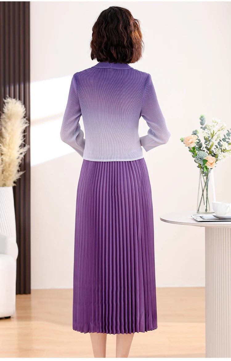 Spring New Suit Collar Flower Print Temperament Waist Wrap Gradient Fake Two Piece Pleated Dress