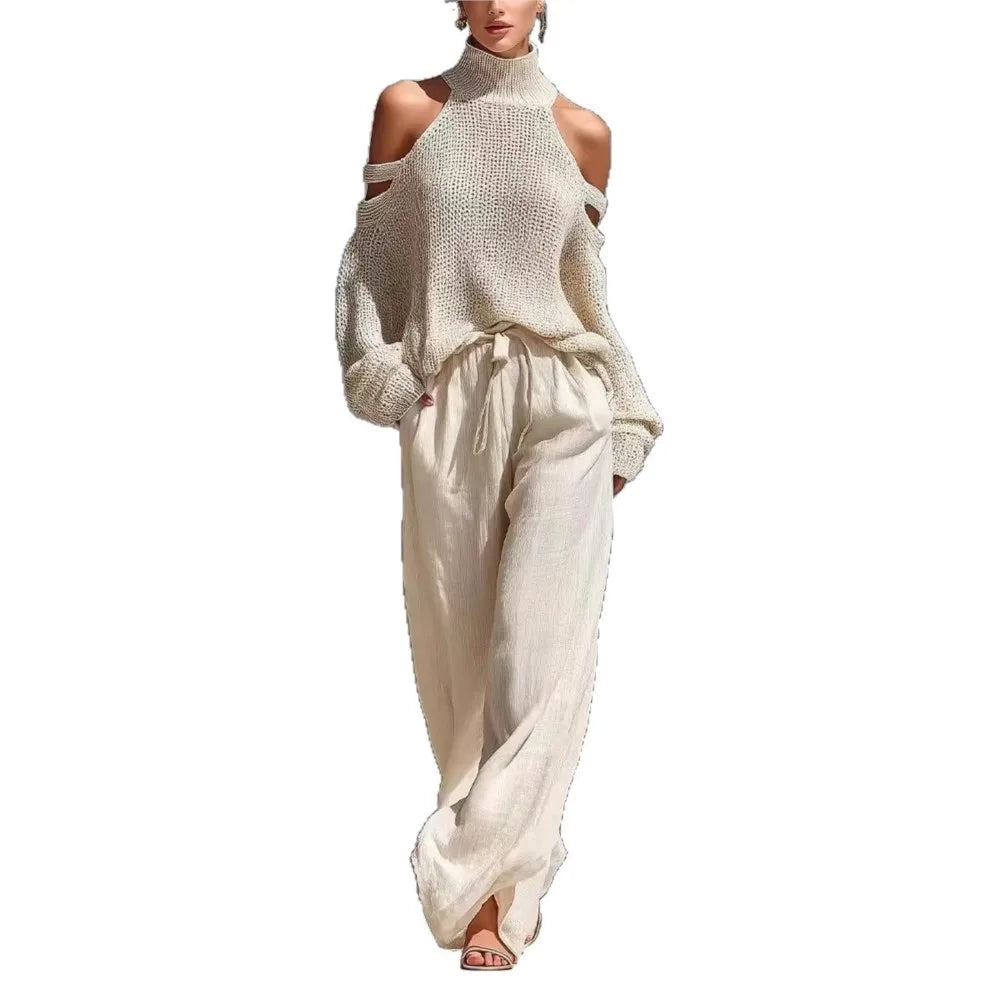 Fashion High Collar Off-Shoulder Knitted 2‑Piece Set – Sexy Hollow Top & Loose Wide-Leg Trousers