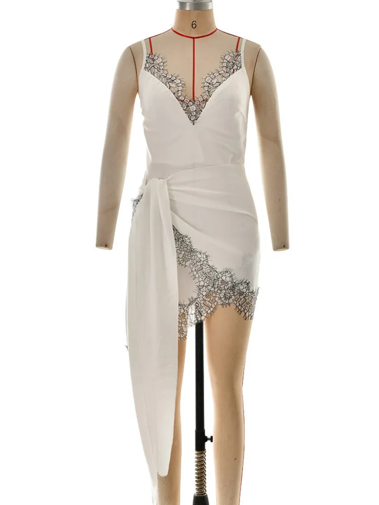 Elegant Sleeveless Spaghetti Strap Satin Lace Patchwork Mini Dress