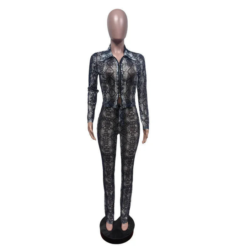 Snakeskin Print Club Wear Mesh Sheer Long Sleeve Double Zipper Top and Flare Pants