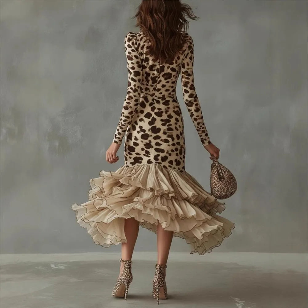 2026 Deep V-Neck Leopard Print Slim Dress