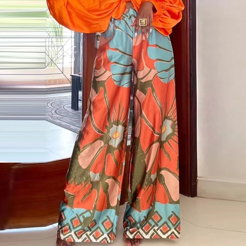 All Season Loose Casual Mid Waist Print Long Pants