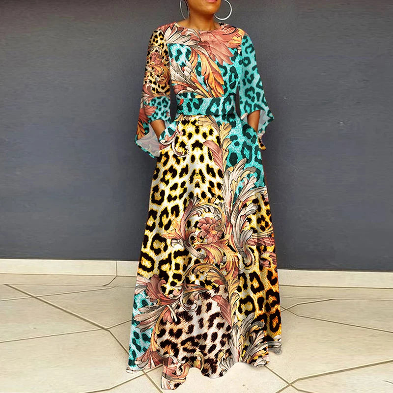 Vintage WPlus Size O Neck 3/4 Sleeve Leopard Print Maxi Long Dress